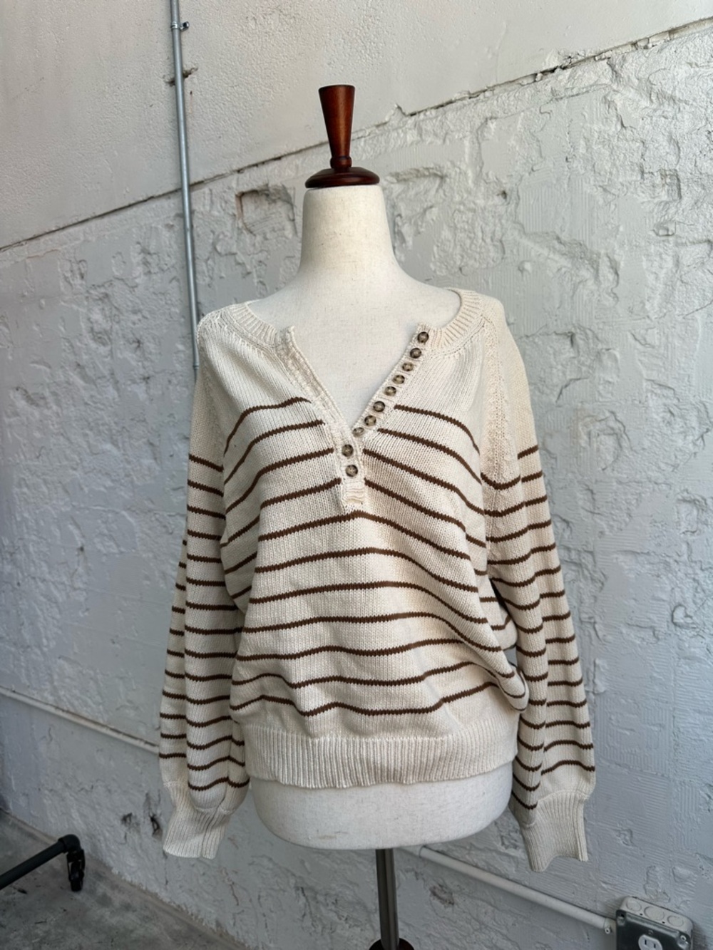 Sezane Cream and Brown Striped V-Neck Henley Sweater